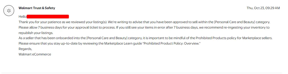 Walmart Personal Care and Beauty category approval